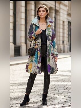 Sz XS Samuel Dong Floral Trench Bubble Hem Jacket